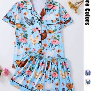 Blue Floral & Chicken Print Pajama Set